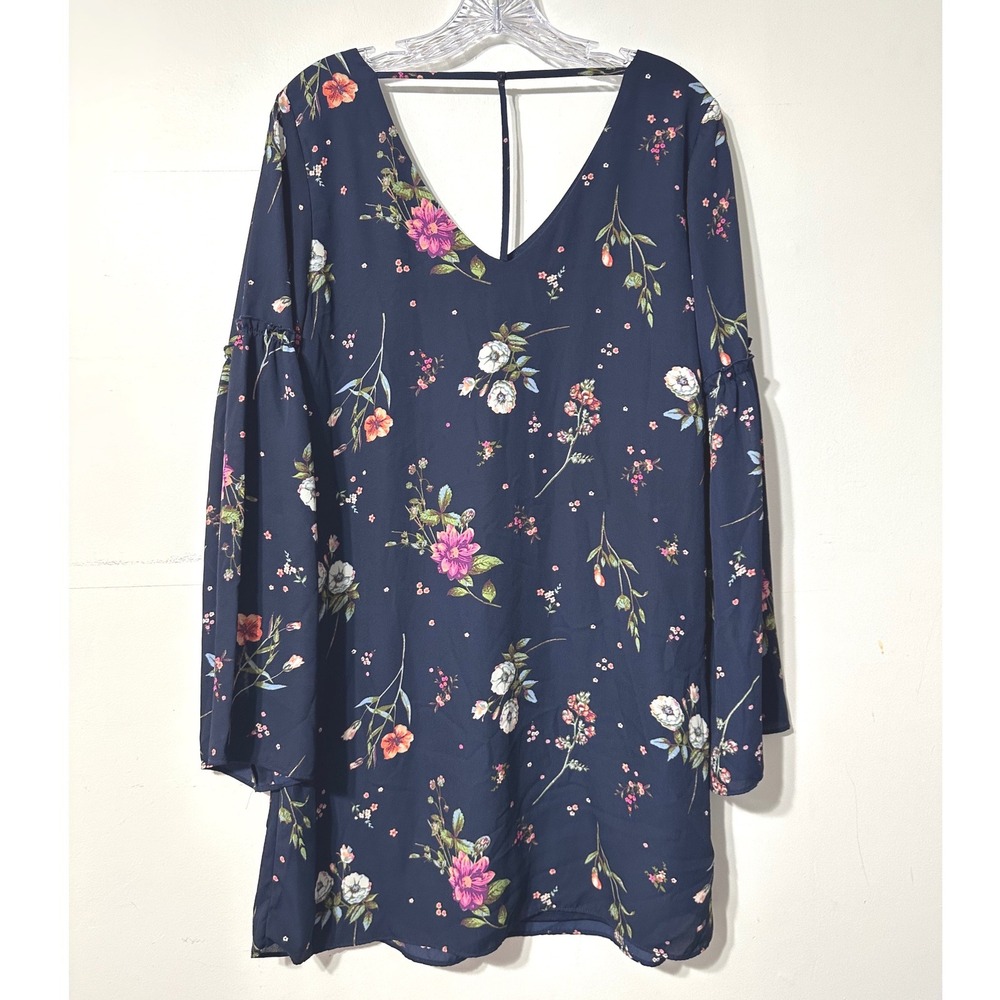 C Wonder Floral Mini Dress Womens Navy Blue Bell Sleeve Boho V-Neck M - Picture 2 of 5